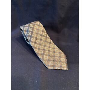 Men’s Lands’ End Silk Tie Brown Gold Blue Woven Geometric Art Deco